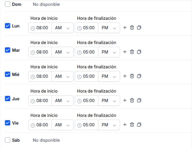 Calendarios → Mi disponibilidad: marque los días y las horas en que atiende