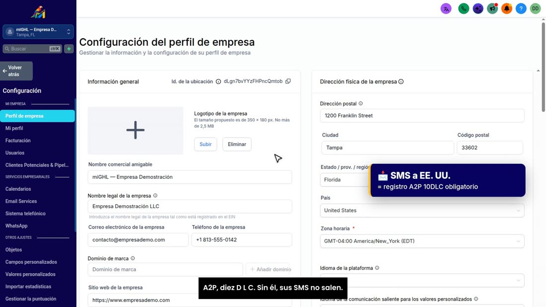 Si su negocio manda mensajes de texto a clientes de Estados Unidos desde el CRM, los operadores exigen un registro llama
