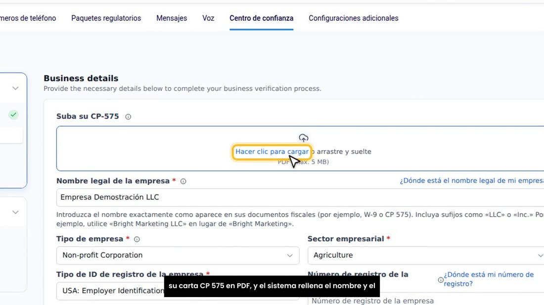 En «Business details», o sea, datos del negocio, puede subir su carta CP 575 en PDF, y el sistema rellena el nombre y el