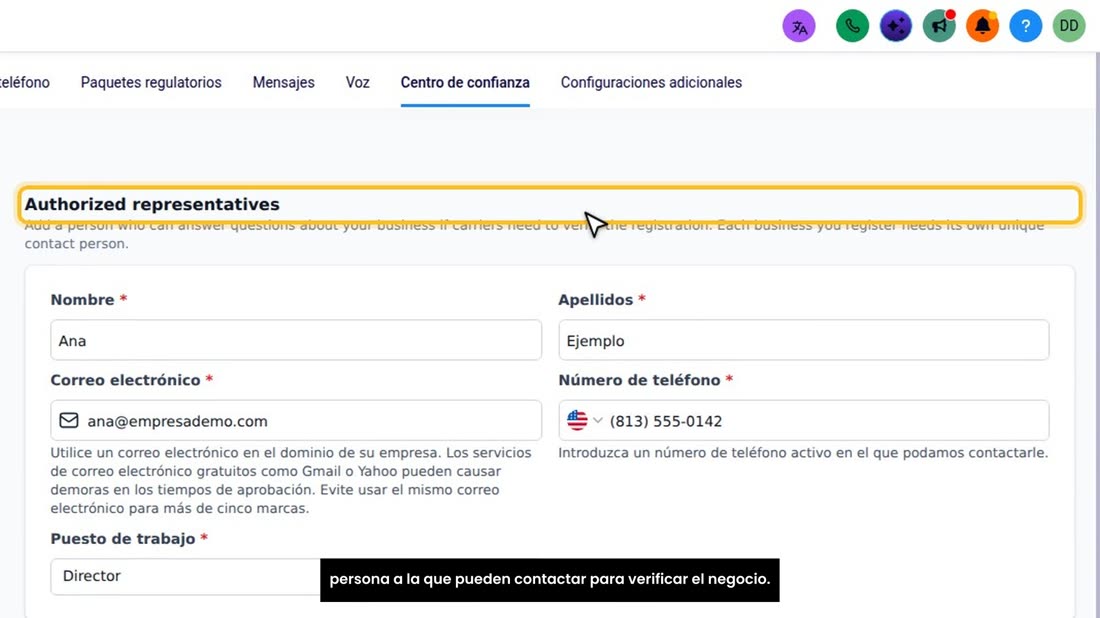Pulse «Continuar». Ahora, el representante autorizado: la persona a la que pueden contactar para verificar el negocio.
