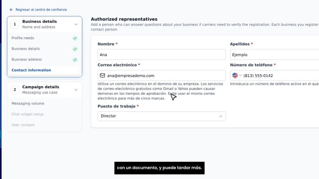 Fíjese en el aviso: use un correo con el dominio de su empresa. Con Gmail o Yahoo le pedirán verificar su identidad con 
