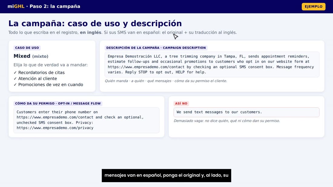 Importante: lo que escriba en el registro, en inglés. Si sus mensajes van en español, ponga el original y, al lado, su t