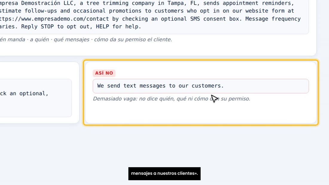 Por ejemplo: quién es, qué manda, y que el cliente lo autoriza en su web con una casilla opcional. Y no así: «mandamos m