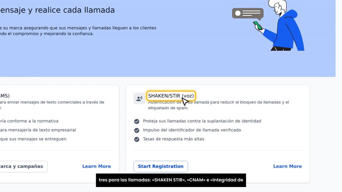 Aquí hay cuatro tarjetas: «Mensajería A2P», para los SMS, y tres para las llamadas: «SHAKEN STIR», «CNAM» e «Integridad 