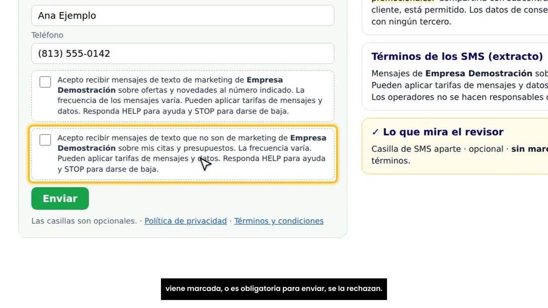 La clave: una casilla solo para SMS, opcional y sin marcar. Si viene marcada, o es obligatoria para enviar, se la rechaz