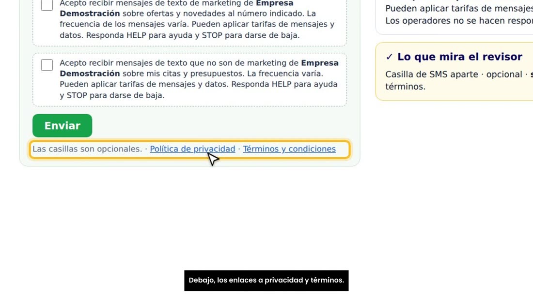 Debajo, los enlaces a privacidad y términos.