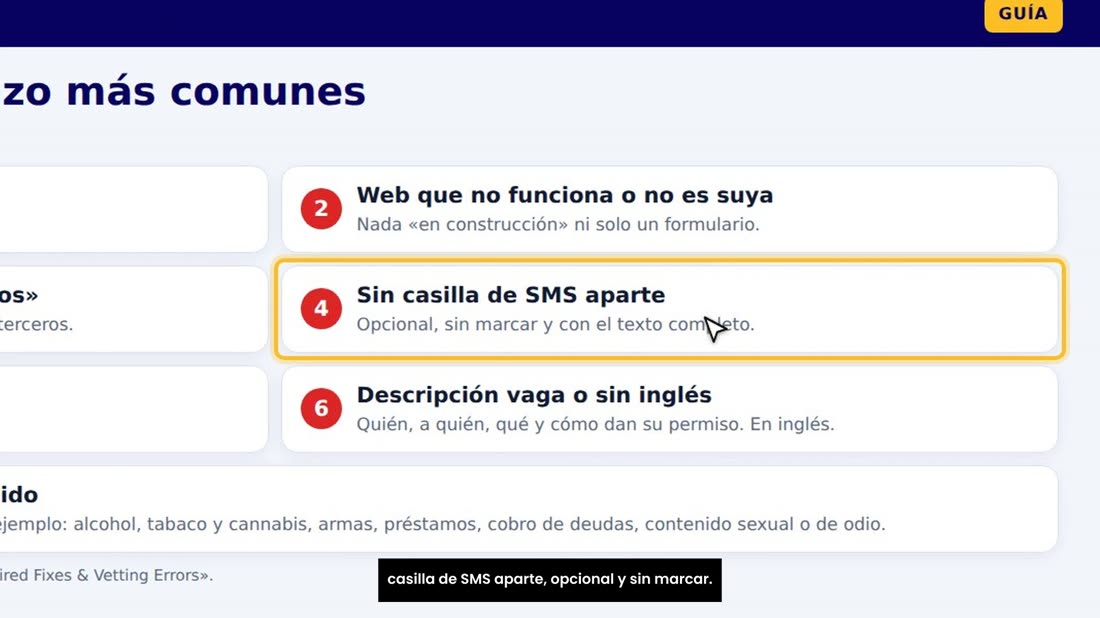Tres: no hay política de privacidad, o no dice que los datos de SMS no se comparten. Cuatro: el formulario no tiene la c