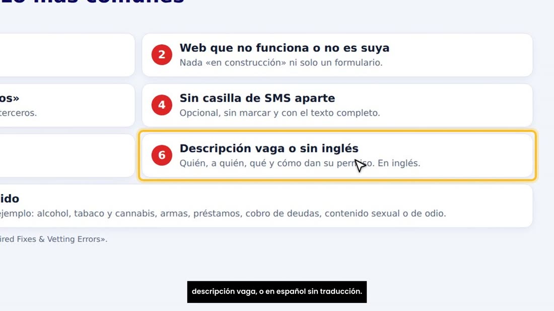 Cinco: ejemplos sin el nombre del negocio o sin STOP. Seis: descripción vaga, o en español sin traducción.
