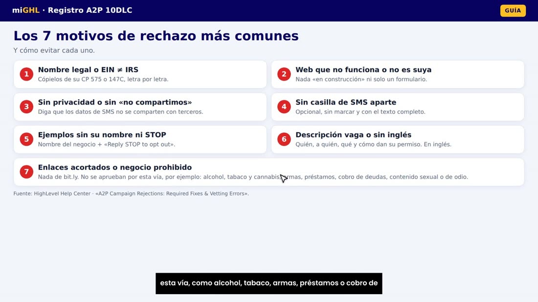 Y siete: enlaces acortados, o un negocio que no se aprueba por esta vía, como alcohol, tabaco, armas, préstamos o cobro 