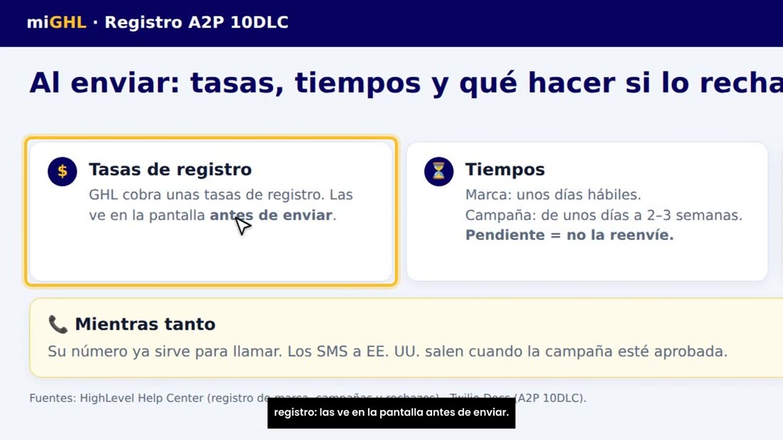 Al final del registro verá un resumen. GHL cobra unas tasas de registro: las ve en la pantalla antes de enviar.