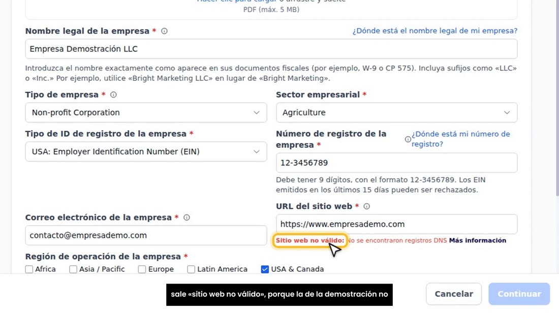 Pide los mismos datos del negocio y comprueba su web: aquí sale «sitio web no válido», porque la de la demostración no e