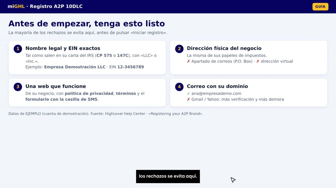Antes de pulsar nada, tenga cuatro cosas listas. La mayoría de los rechazos se evita aquí.