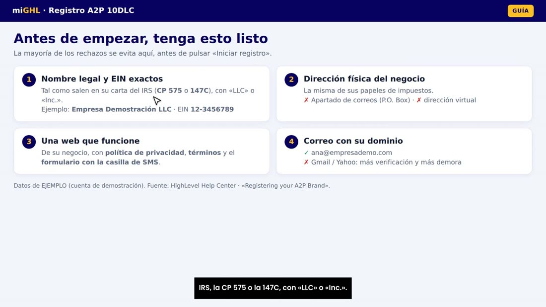 Uno: el nombre legal y el EIN exactamente como en su carta del IRS, la CP 575 o la 147C, con «LLC» o «Inc.».