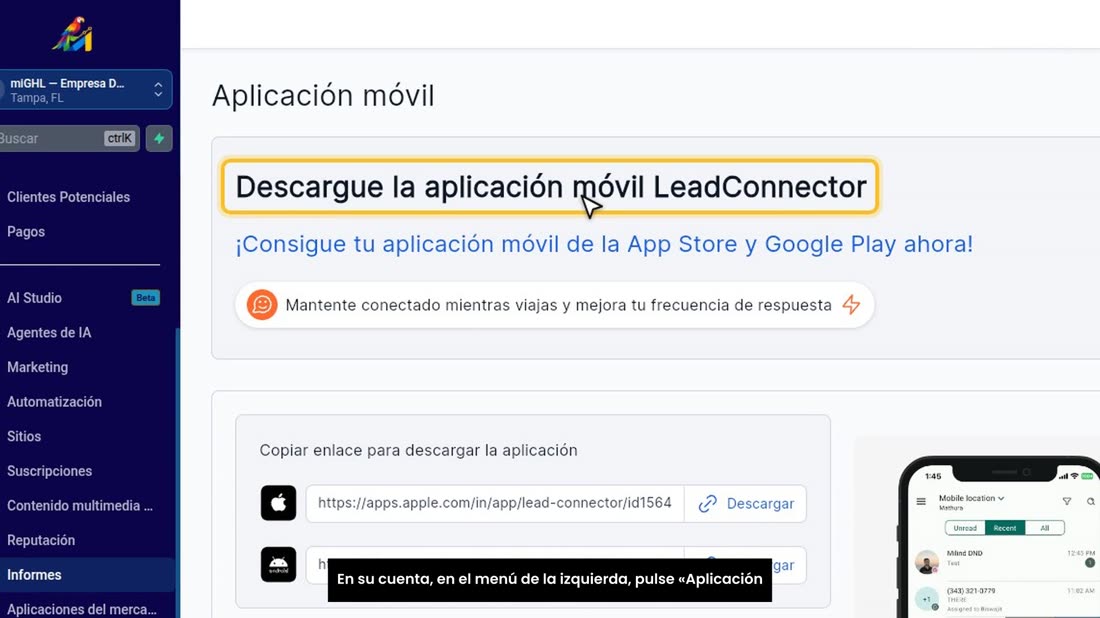 En su cuenta, en el menú de la izquierda, pulse «Aplicación móvil».