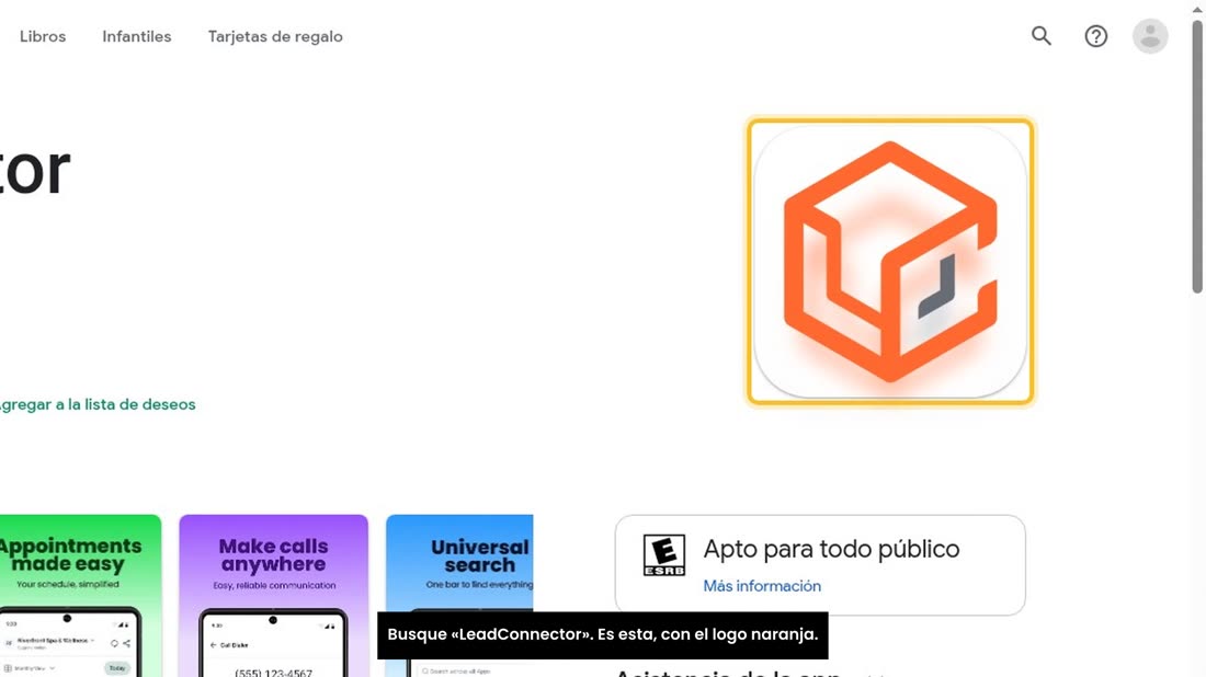 Busque «LeadConnector». Es esta, con el logo naranja.