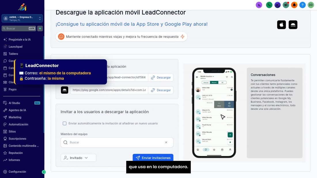 Abra la app y entre con el mismo correo y la misma contraseña que usa en la computadora.