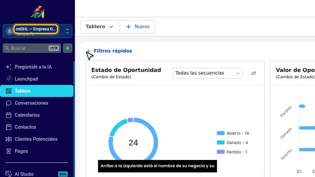 Arriba a la izquierda está el nombre de su negocio y su ciudad.