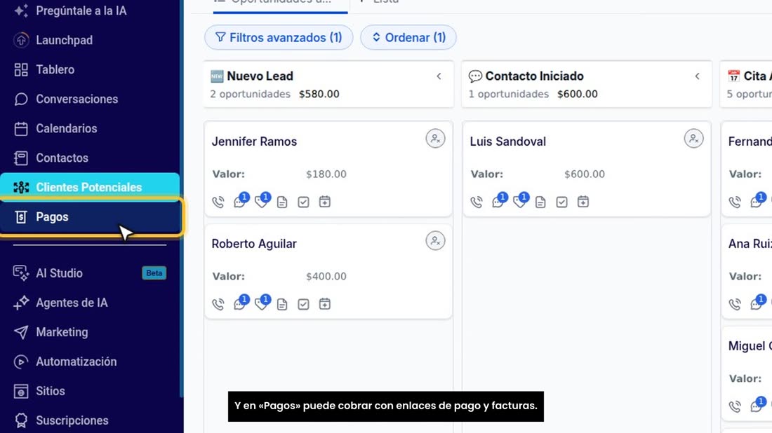 Y en «Pagos» puede cobrar con enlaces de pago y facturas.