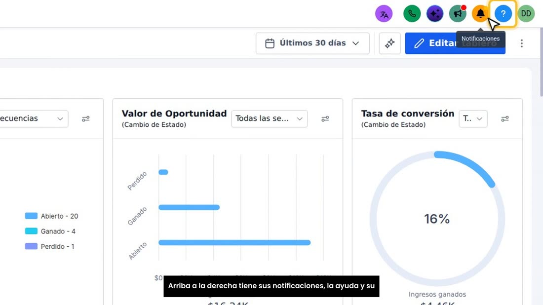 Arriba a la derecha tiene sus notificaciones, la ayuda y su perfil.