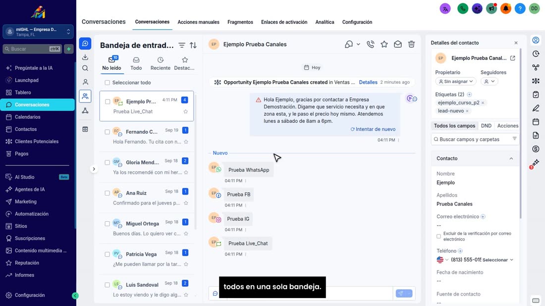 «Conversaciones»: aquí le llegan los mensajes de sus clientes, todos en una sola bandeja.
