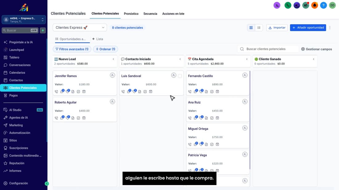 «Clientes Potenciales» son sus ventas en columnas: desde que alguien le escribe hasta que le compra.