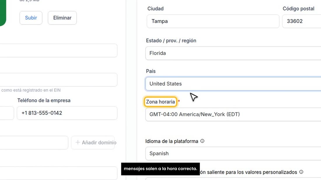 Y muy importante, la «Zona horaria». Con ella sus citas y sus mensajes salen a la hora correcta.
