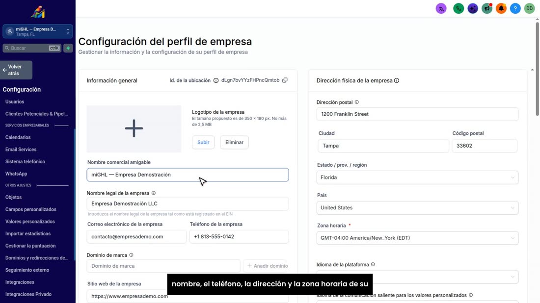 Con miGHL esto ya le viene listo: su cuenta se crea con el nombre, el teléfono, la dirección y la zona horaria de su neg