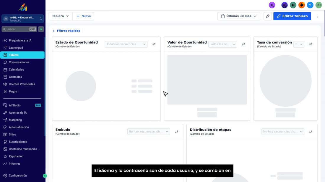 El idioma y la contraseña son de cada usuario, y se cambian en «Mi perfil».