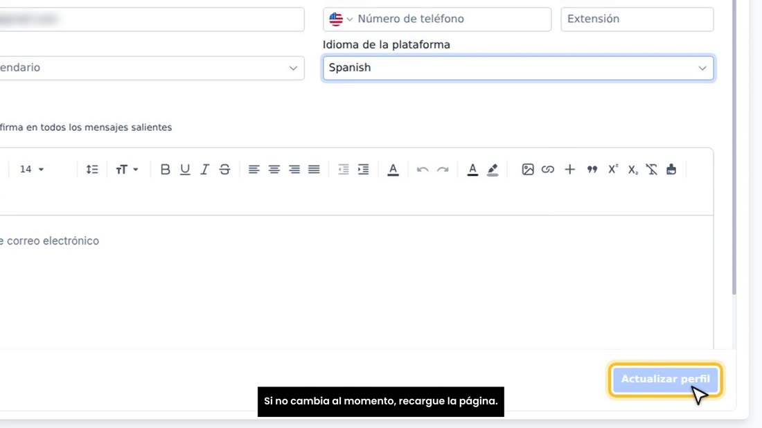 Luego pulse «Actualizar perfil», en inglés «Update Profile». Si no cambia al momento, recargue la página.