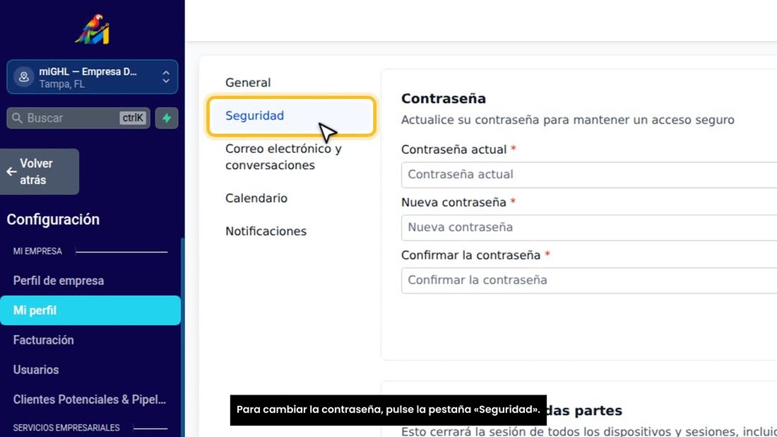 Para cambiar la contraseña, pulse la pestaña «Seguridad».