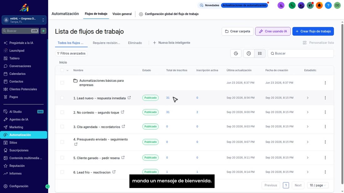 Vamos a crear su primera automatización desde cero: cuando entra un cliente nuevo, la cuenta espera unos minutos y le ma
