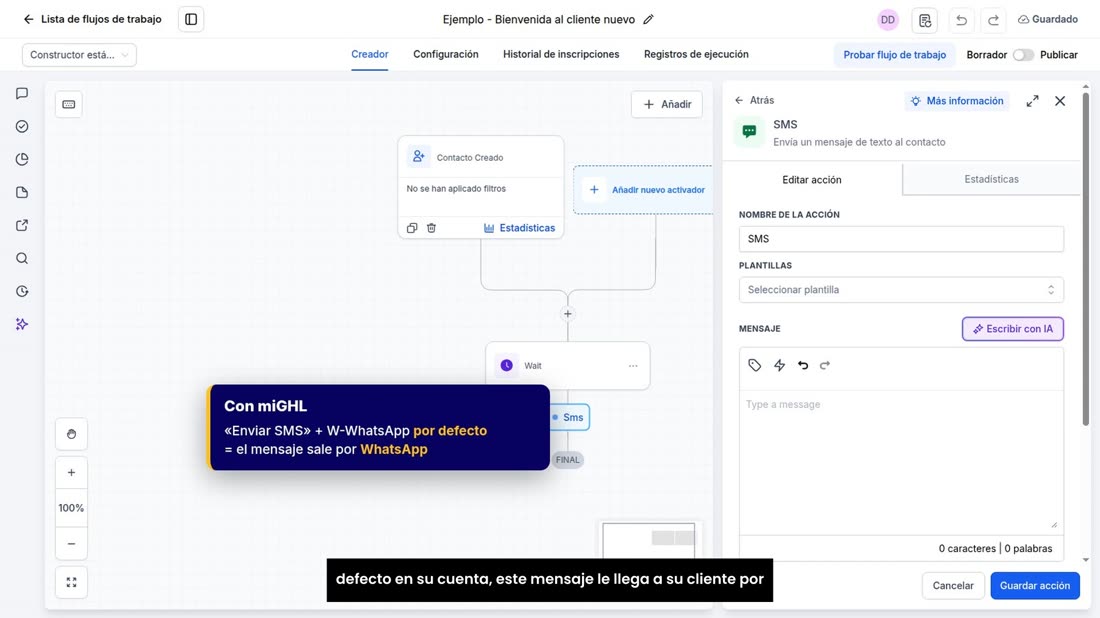 Con miGHL esto ya le viene listo: si W-WhatsApp está por defecto en su cuenta, este mensaje le llega a su cliente por Wh