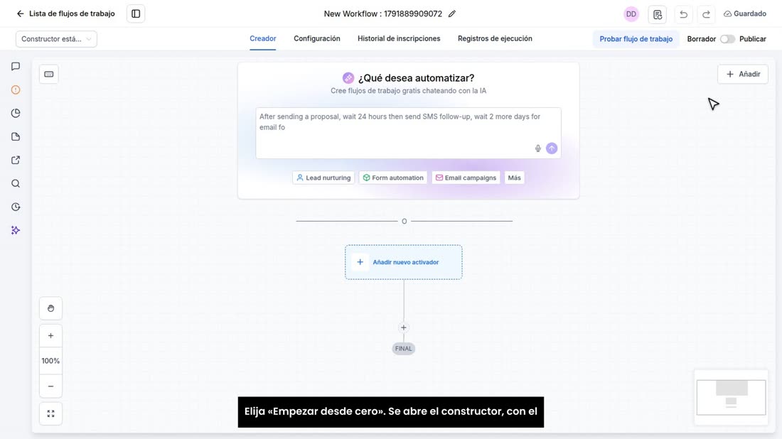 Elija «Empezar desde cero». Se abre el constructor, con el lienzo vacío.