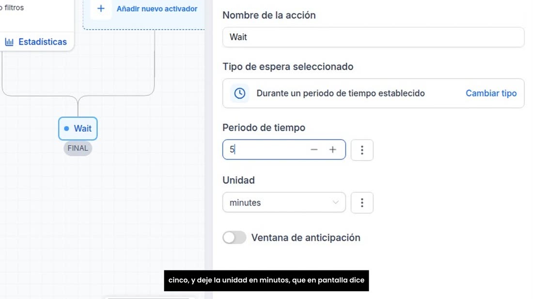 Elija «Durante un periodo de tiempo establecido». Escriba un cinco, y deje la unidad en minutos, que en pantalla dice «m
