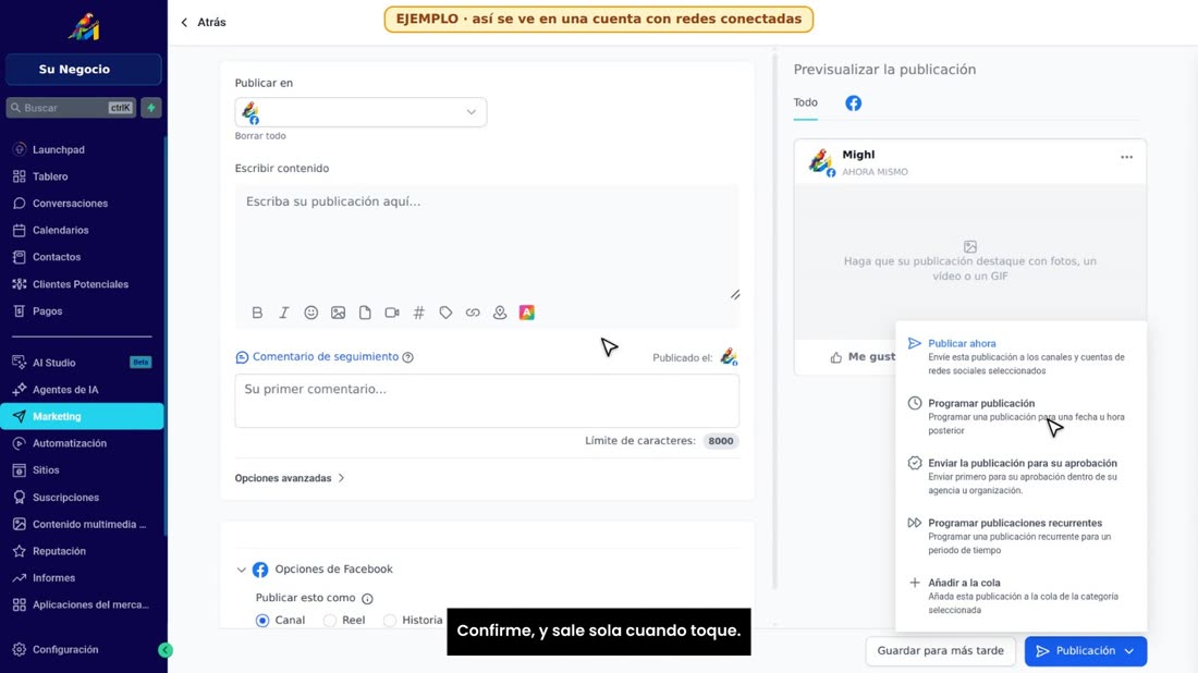 Y «Programar publicación» le deja elegir el día y la hora. Confirme, y sale sola cuando toque.