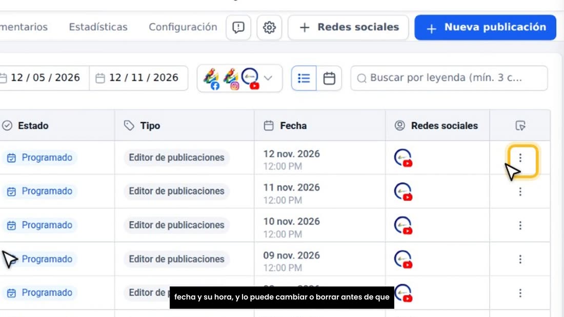 Todo lo programado lo ve en la lista del Planificador, con su fecha y su hora, y lo puede cambiar o borrar antes de que 