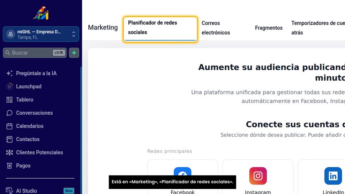 Está en «Marketing», «Planificador de redes sociales».