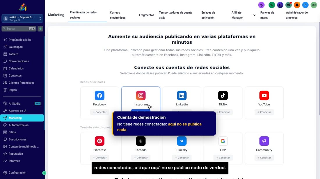Para Instagram, su cuenta tiene que ser profesional, de empresa o de creador. Esta cuenta de demostración no tiene redes