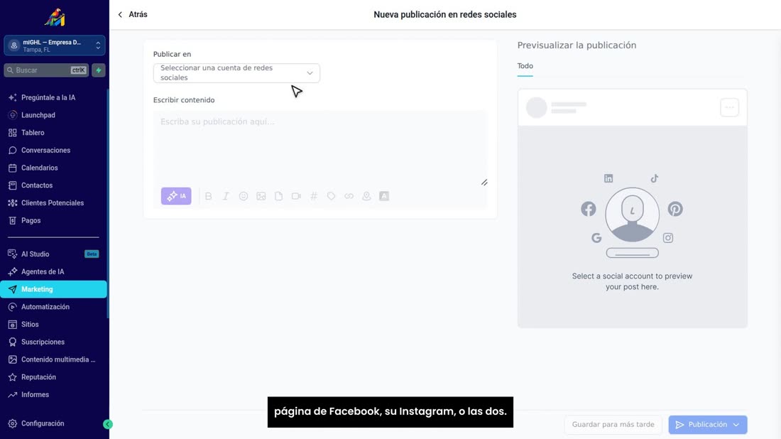 Se abre el editor. En «Publicar en», elija dónde sale: su página de Facebook, su Instagram, o las dos.