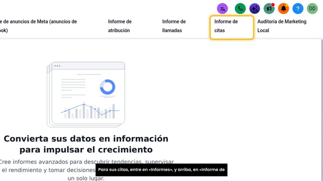 Para sus citas, entre en «Informes», y arriba, en «Informe de citas».