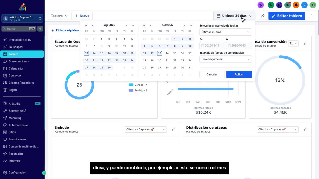 Arriba a la derecha elige las fechas. Aquí dice «Últimos 30 días», y puede cambiarlo, por ejemplo, a esta semana o al me