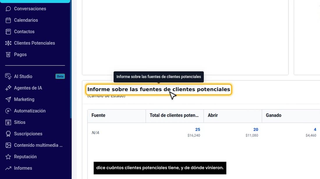 Y el «Informe sobre las fuentes de clientes potenciales» le dice cuántos clientes potenciales tiene, y de dónde vinieron