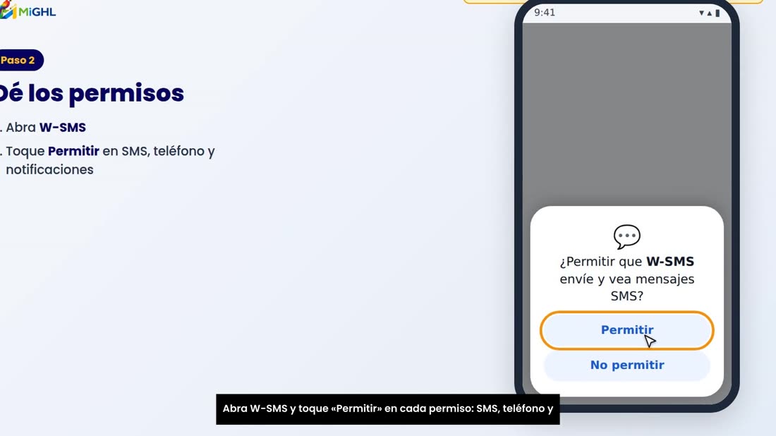 Abra W-SMS y toque «Permitir» en cada permiso: SMS, teléfono y notificaciones.