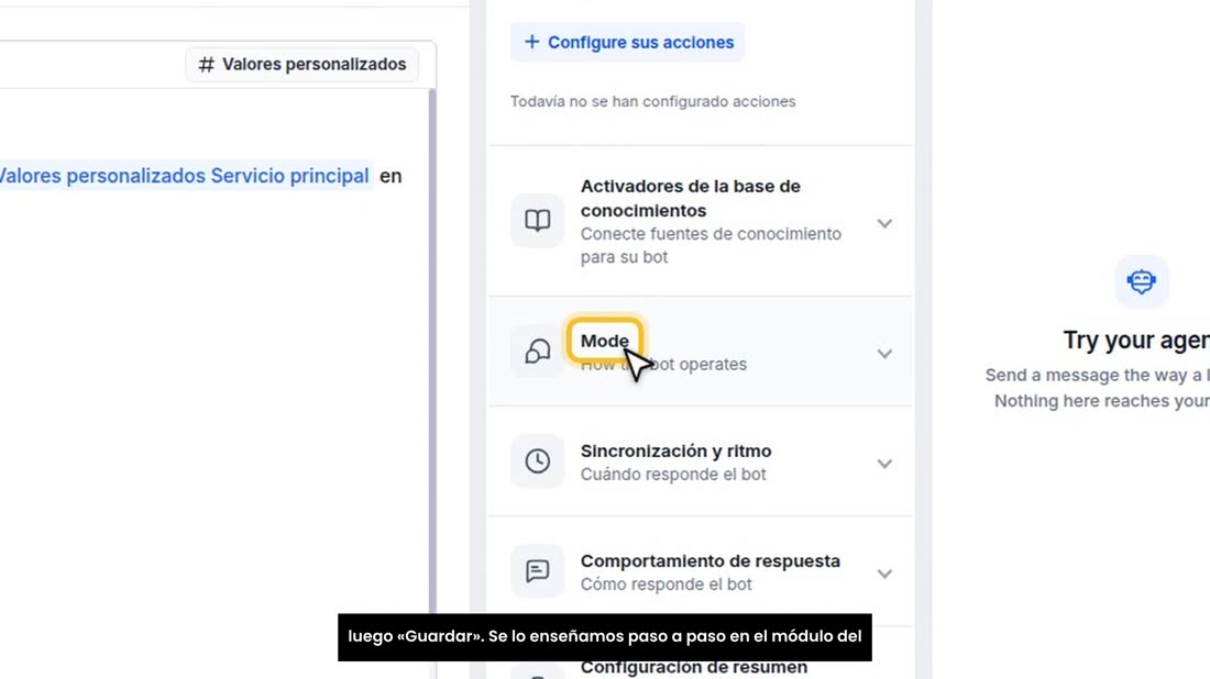 Para que conteste solo, el modo tiene que estar en «Auto-Pilot». Se cambia en «Crear», en la sección «Mode», y luego «Gu