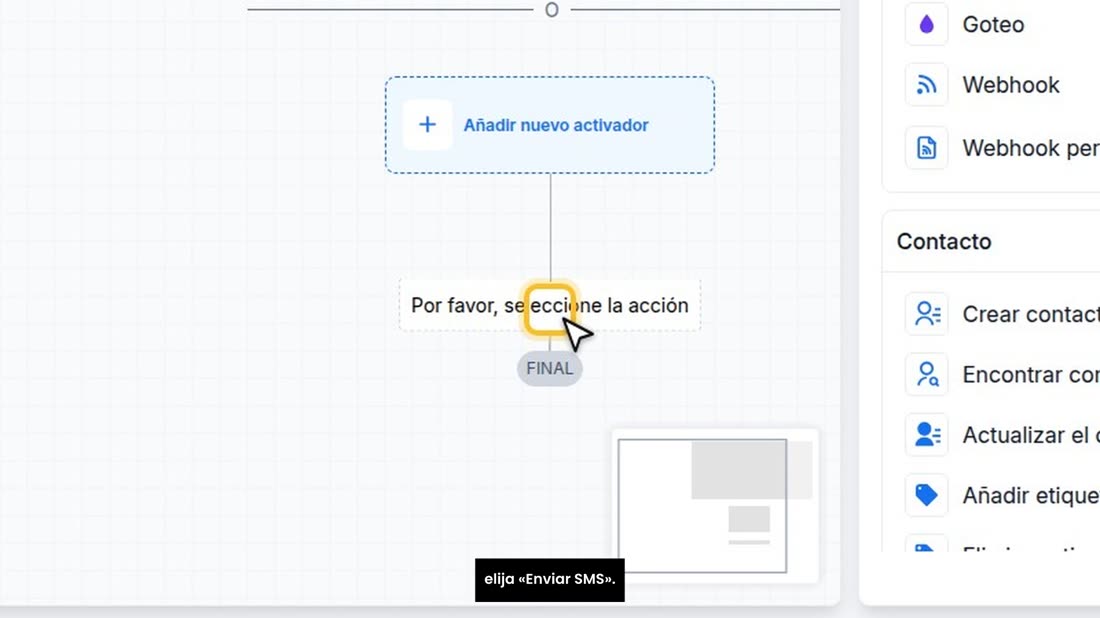 Cuando añada un paso con el signo más, en la lista de acciones elija «Enviar SMS».