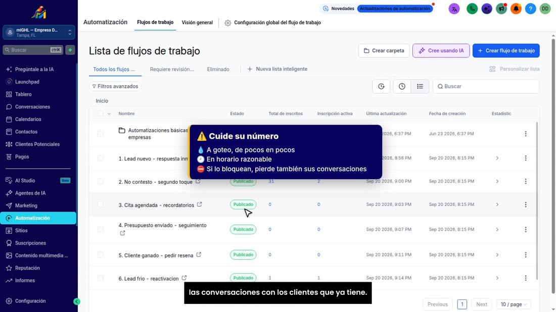 Y lo más importante: si sus automatizaciones escriben a muchos clientes, que salga a goteo, de pocos en pocos, y en hora