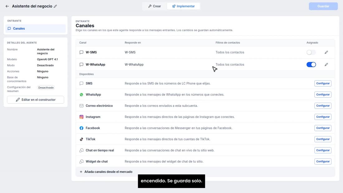 Listo: W-WhatsApp sale en la lista, con su interruptor encendido. Se guarda solo.