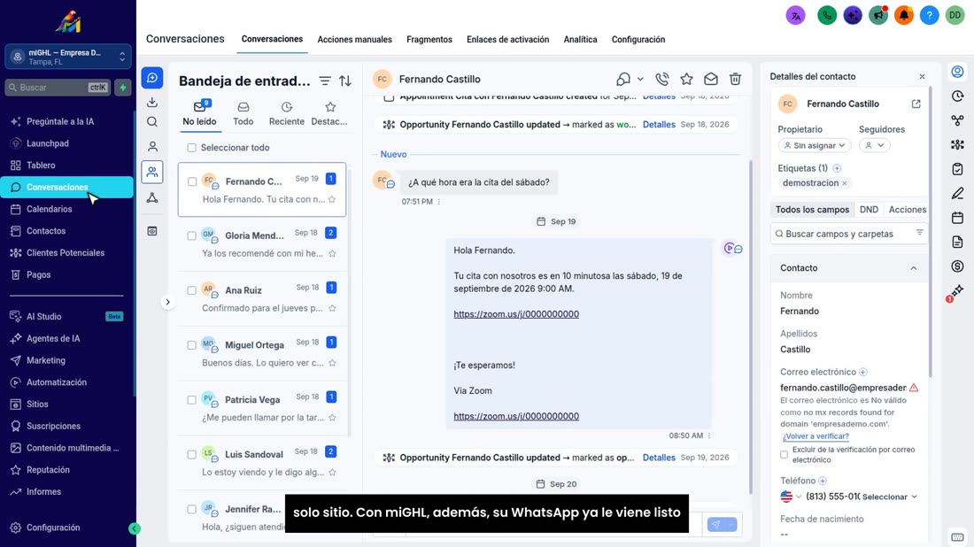 Y en «Conversaciones» se atienden todos los mensajes en un solo sitio. Con miGHL, además, su WhatsApp ya le viene listo 