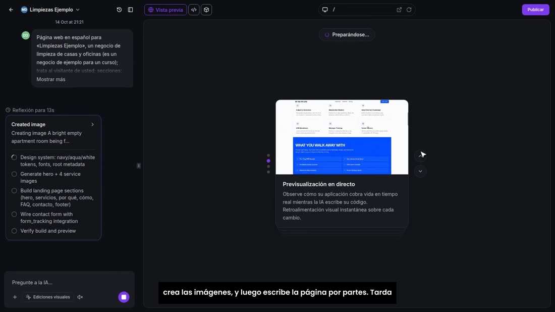 AI Studio se pone a trabajar. Primero piensa un plan, después crea las imágenes, y luego escribe la página por partes. T