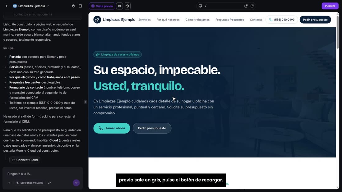 Y aquí está la página, hecha en unos minutos. Si la vista previa sale en gris, pulse el botón de recargar.